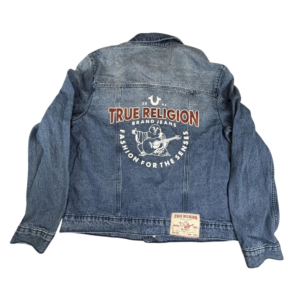 True Religion Jacket Mens Medium Blue Denim TRBJ Print SN Graphic 701133